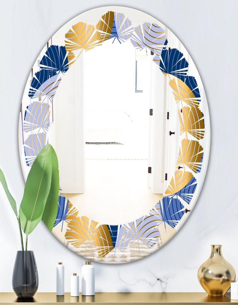 DesignQ Retro Luxury Waves In Gold And Blue X - Modern Round Or Oval Wall Mirror - Leaves
