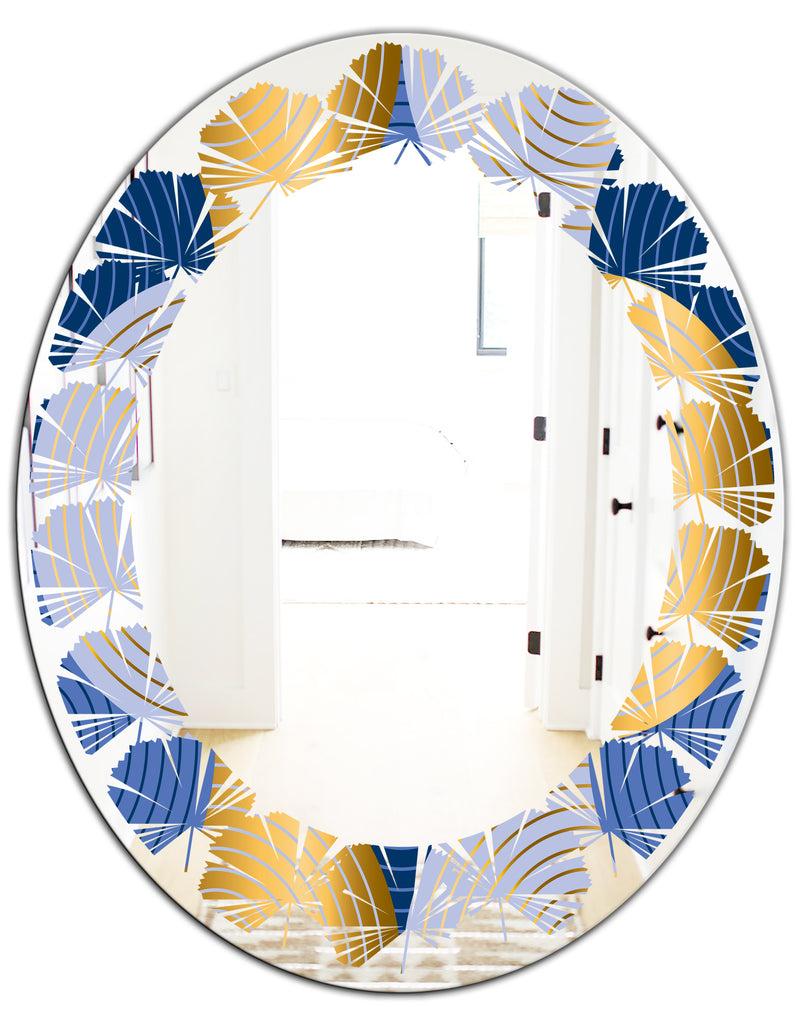DesignQ Retro Luxury Waves In Gold And Blue X - Modern Round Or Oval Wall Mirror - Leaves