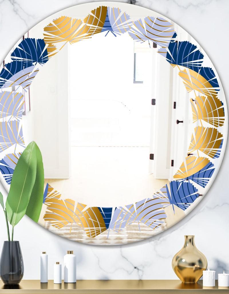 DesignQ Retro Luxury Waves In Gold and Blue X - Modern Round or Oval Wall Mirror - Leaves