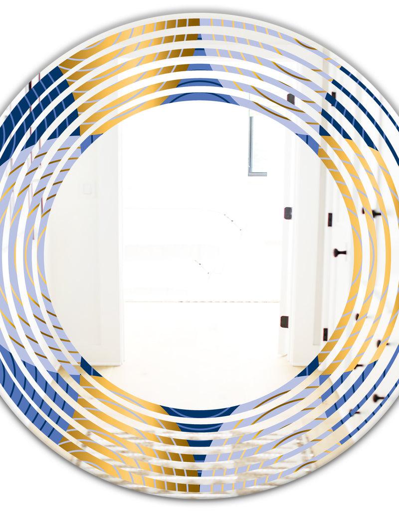 DesignQ Retro Luxury Waves In Gold And Blue X - Modern Round Or Oval Wall Mirror - Wave