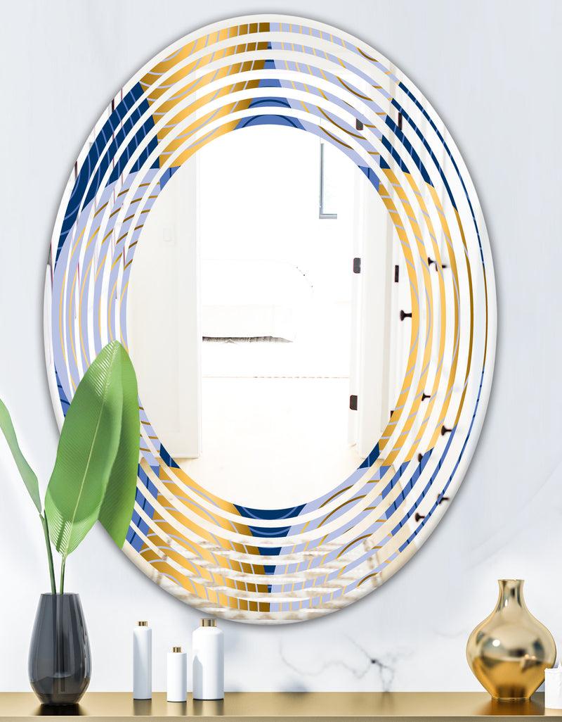 DesignQ Retro Luxury Waves In Gold And Blue X - Modern Round Or Oval Wall Mirror - Wave