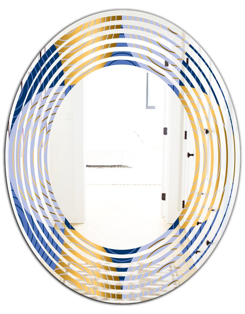 DesignQ Retro Luxury Waves In Gold And Blue X - Modern Round Or Oval Wall Mirror - Wave