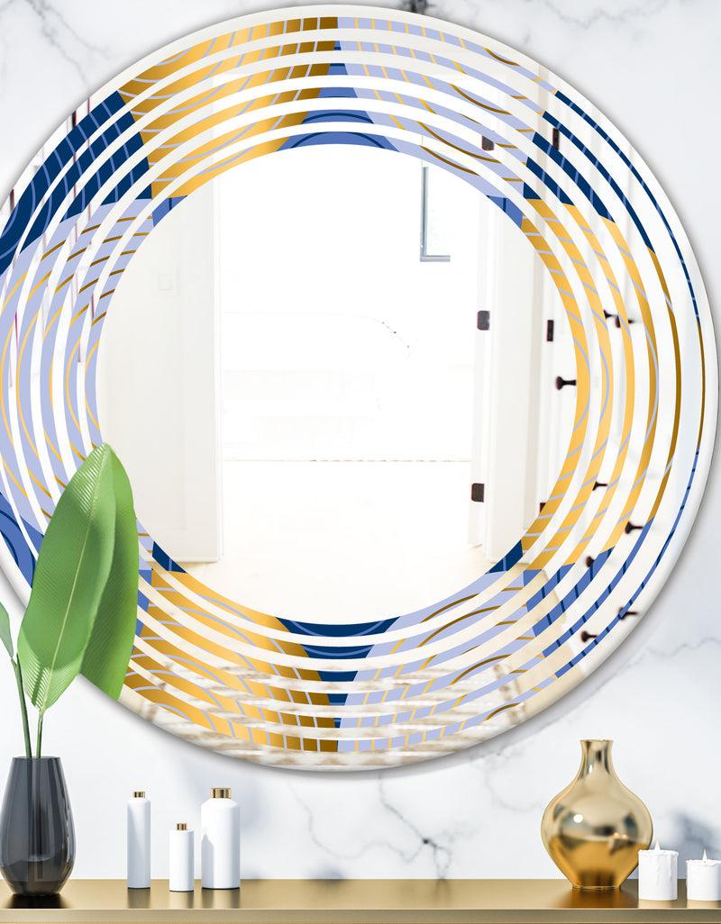 DesignQ Retro Luxury Waves In Gold and Blue X - Modern Round or Oval Wall Mirror - Wave