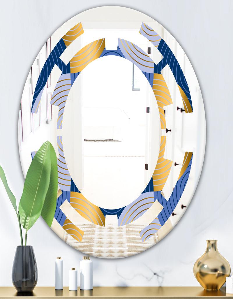 DesignQ Retro Luxury Waves In Gold And Blue X - Modern Round Or Oval Wall Mirror - Space