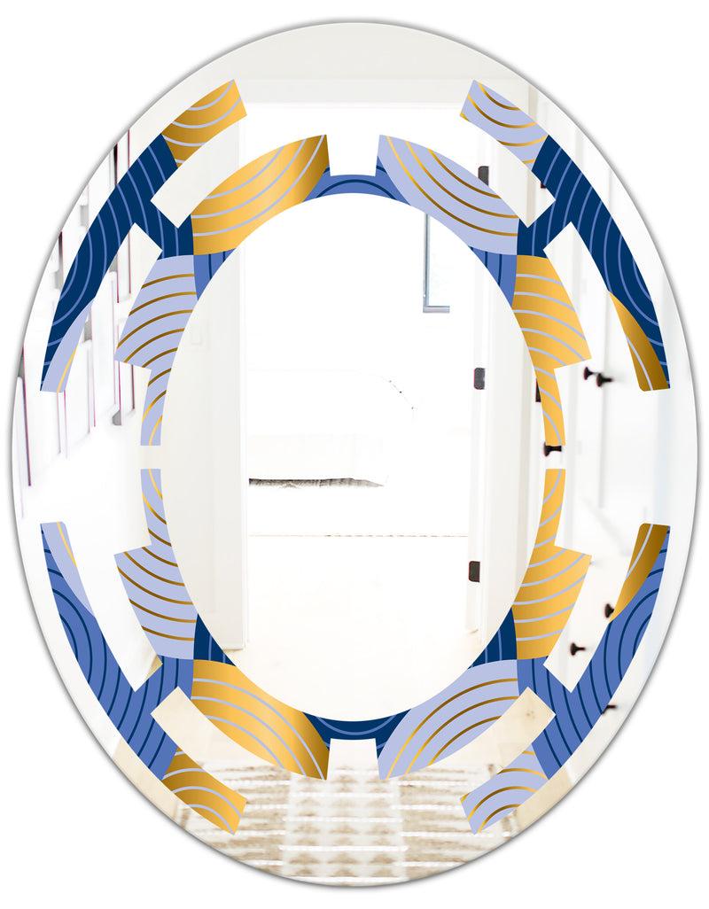 DesignQ Retro Luxury Waves In Gold And Blue X - Modern Round Or Oval Wall Mirror - Space