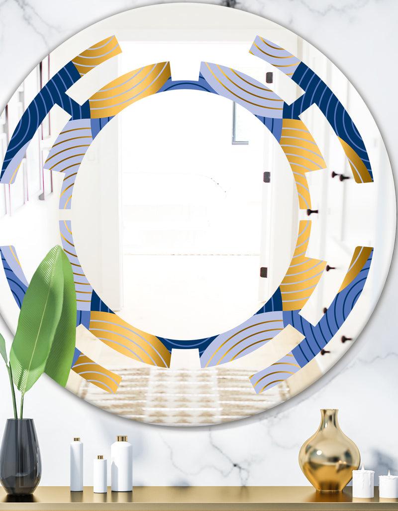 DesignQ Retro Luxury Waves In Gold and Blue X - Modern Round or Oval Wall Mirror - Space