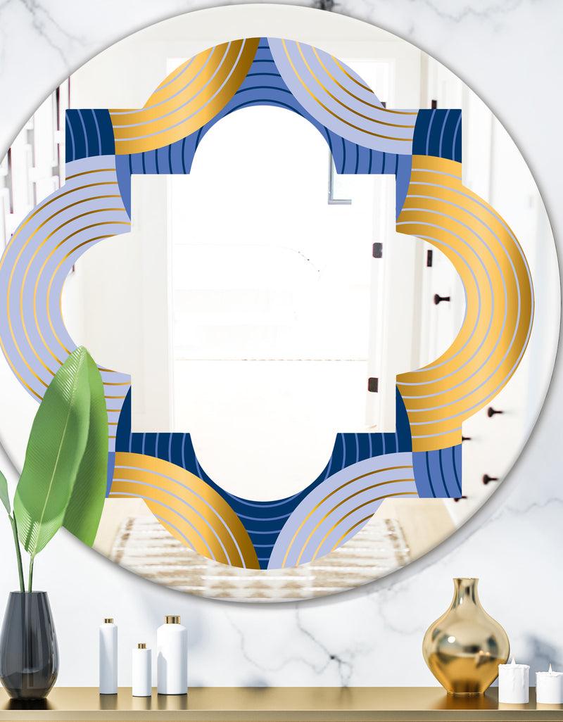 DesignQ Retro Luxury Waves In Gold and Blue X - Modern Round or Oval Wall Mirror - Quatrefoil