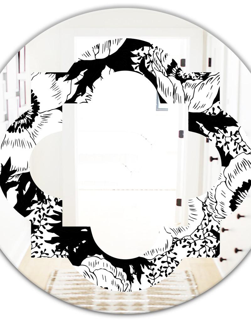 DesignQ Retro Monochrome Flowers Pattern - Cottage Round Or Oval Wall Mirror - Quatrefoil