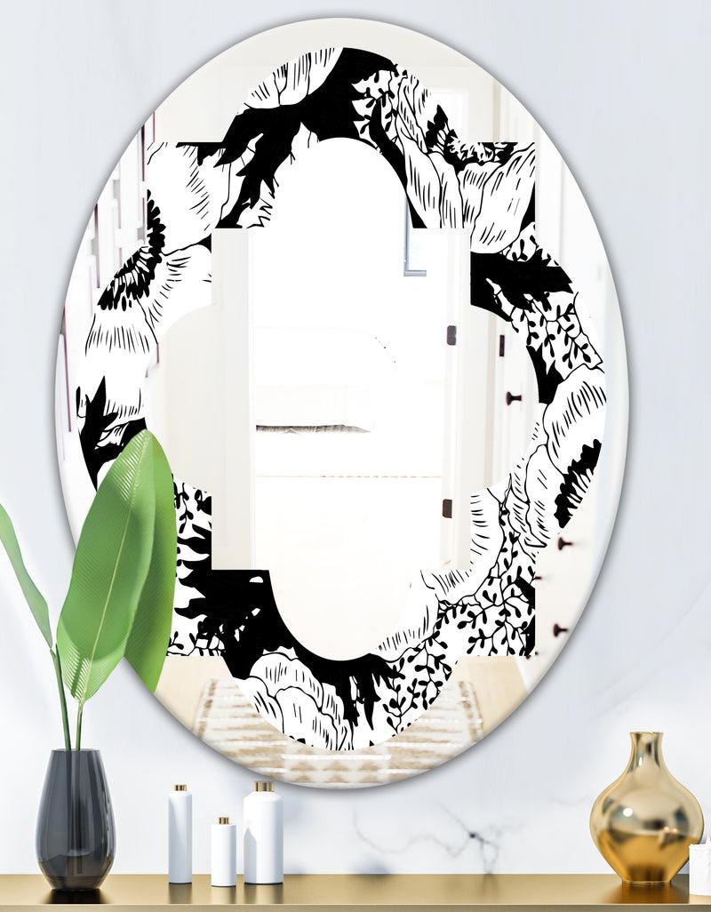 DesignQ Retro Monochrome Flowers Pattern - Cottage Round Or Oval Wall Mirror - Quatrefoil