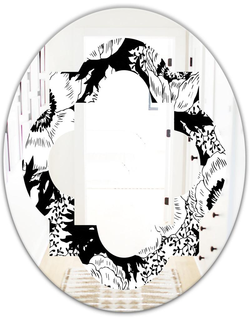 DesignQ Retro Monochrome Flowers Pattern - Cottage Round Or Oval Wall Mirror - Quatrefoil