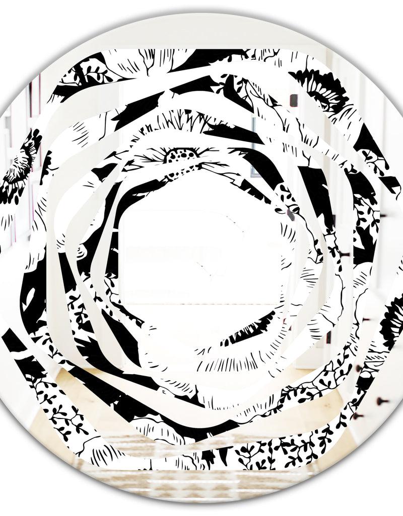 DesignQ Retro Monochrome Flowers Pattern - Cottage Round Or Oval Wall Mirror - Whirl