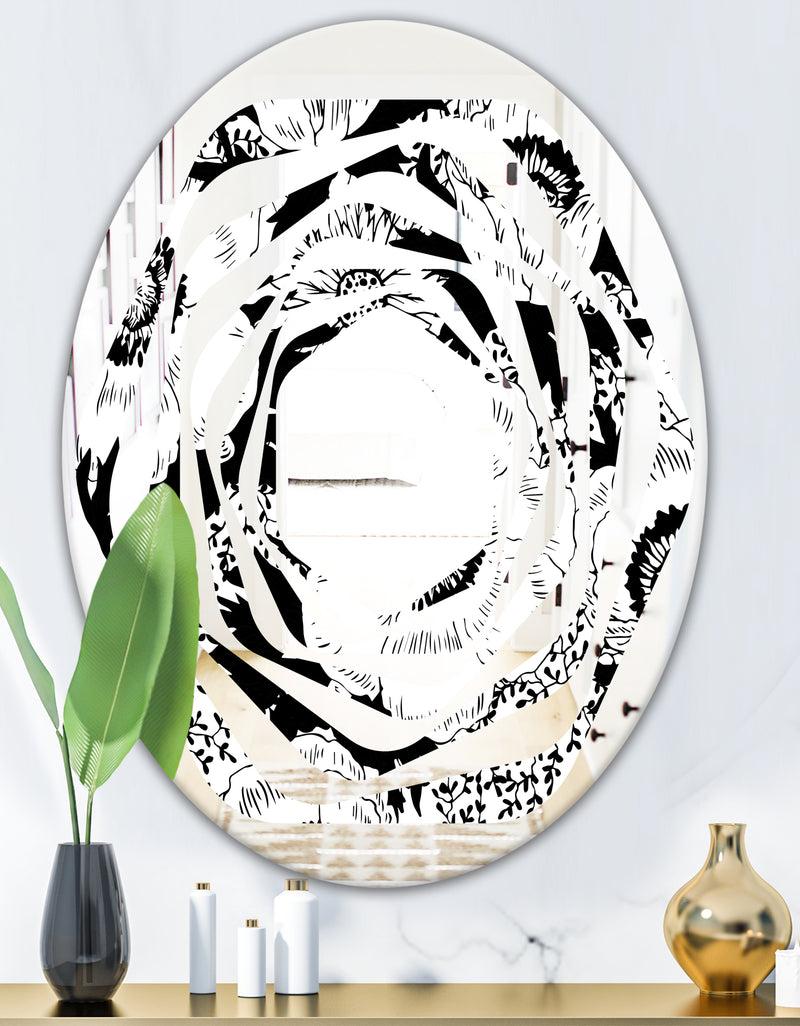 DesignQ Retro Monochrome Flowers Pattern - Cottage Round Or Oval Wall Mirror - Whirl