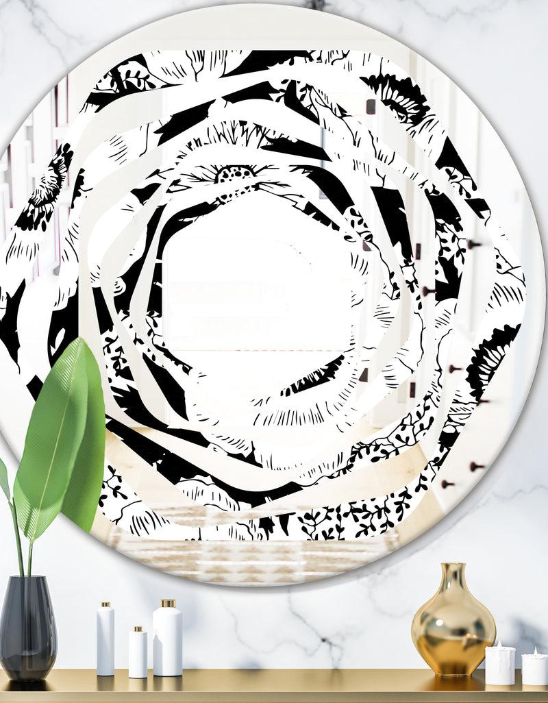 DesignQ Retro Monochrome Flowers Pattern - Cottage Round or Oval Wall Mirror - Whirl