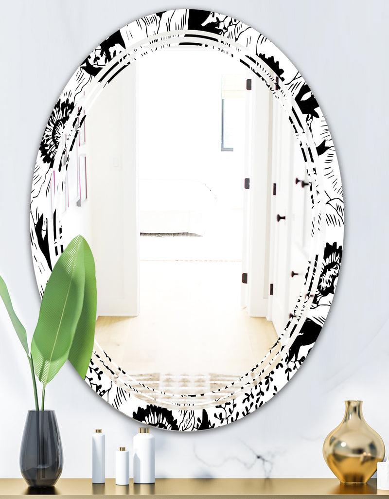 DesignQ Retro Monochrome Flowers Pattern - Cottage Round Or Oval Wall Mirror - Triple C