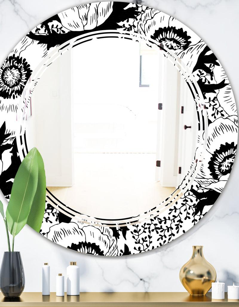DesignQ Retro Monochrome Flowers Pattern - Cottage Round or Oval Wall Mirror - Triple C