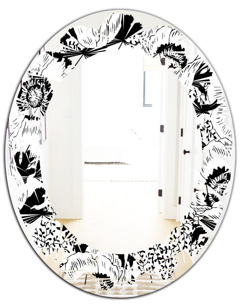 DesignQ Retro Monochrome Flowers Pattern - Cottage Round Or Oval Wall Mirror - Leaves