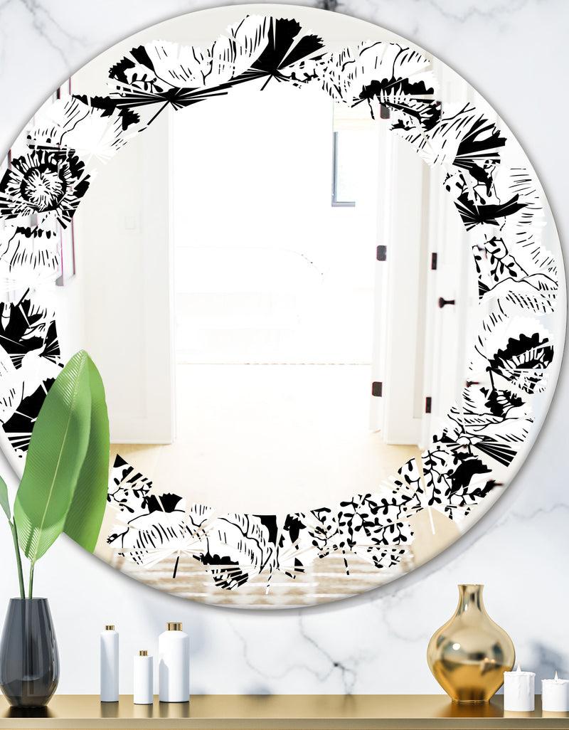 DesignQ Retro Monochrome Flowers Pattern - Cottage Round or Oval Wall Mirror - Leaves