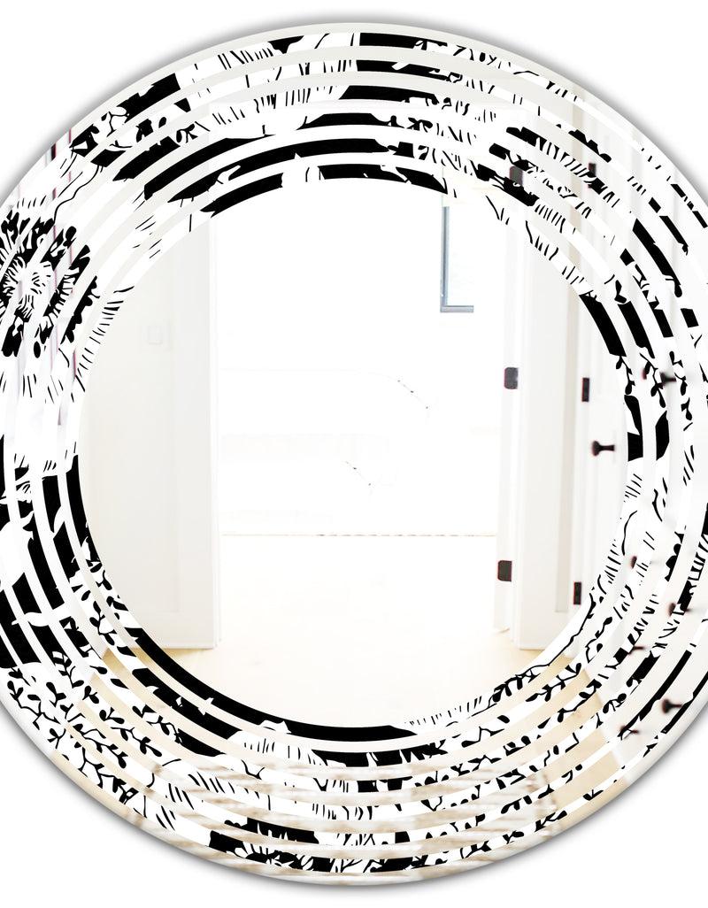DesignQ Retro Monochrome Flowers Pattern - Cottage Round Or Oval Wall Mirror - Wave