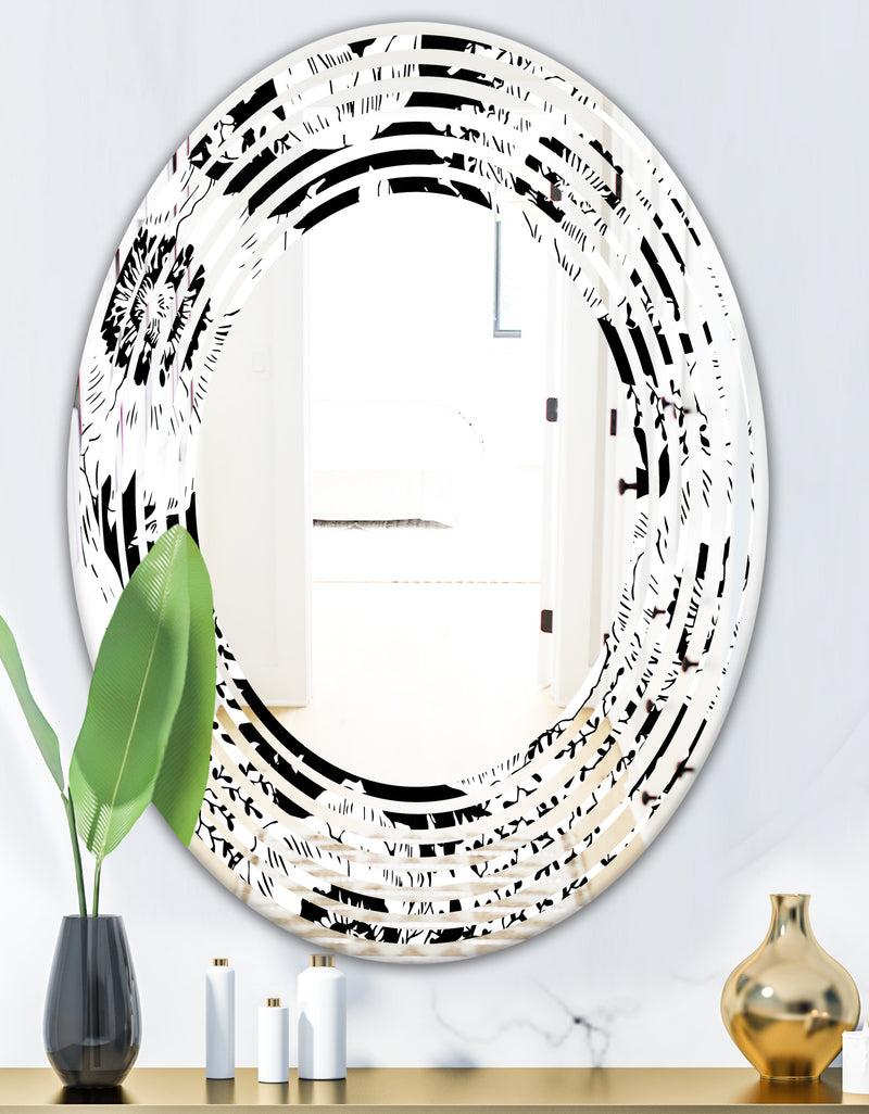 DesignQ Retro Monochrome Flowers Pattern - Cottage Round Or Oval Wall Mirror - Wave
