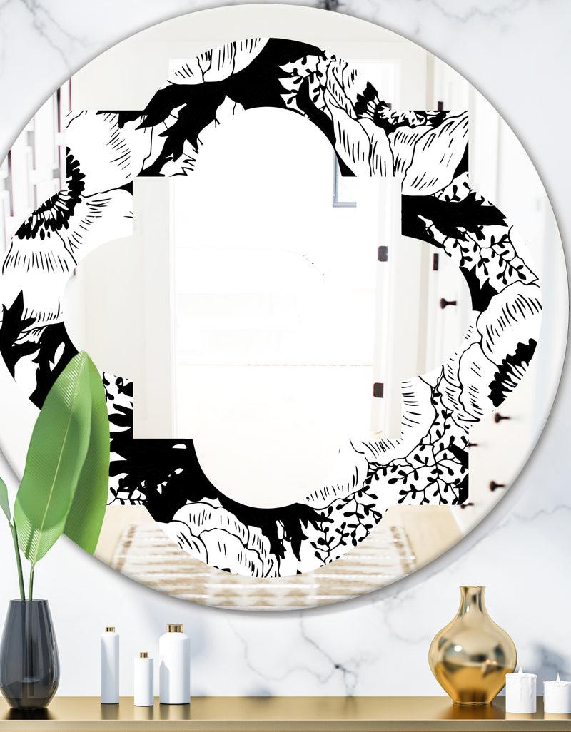 DesignQ Retro Monochrome Flowers Pattern - Cottage Round or Oval Wall Mirror - Quatrefoil