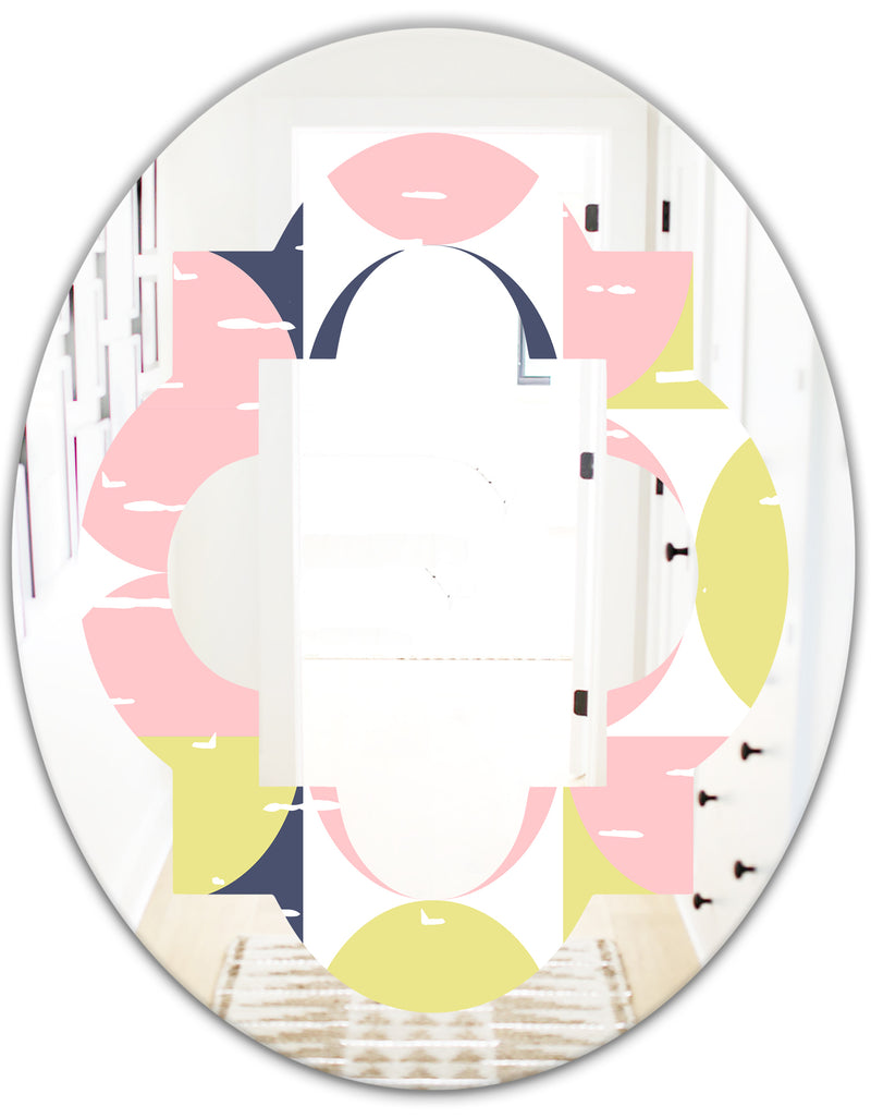 DesignQ Retro Pastel Circular Pattern I - Modern Round Or Oval Wall Mirror - Quatrefoil