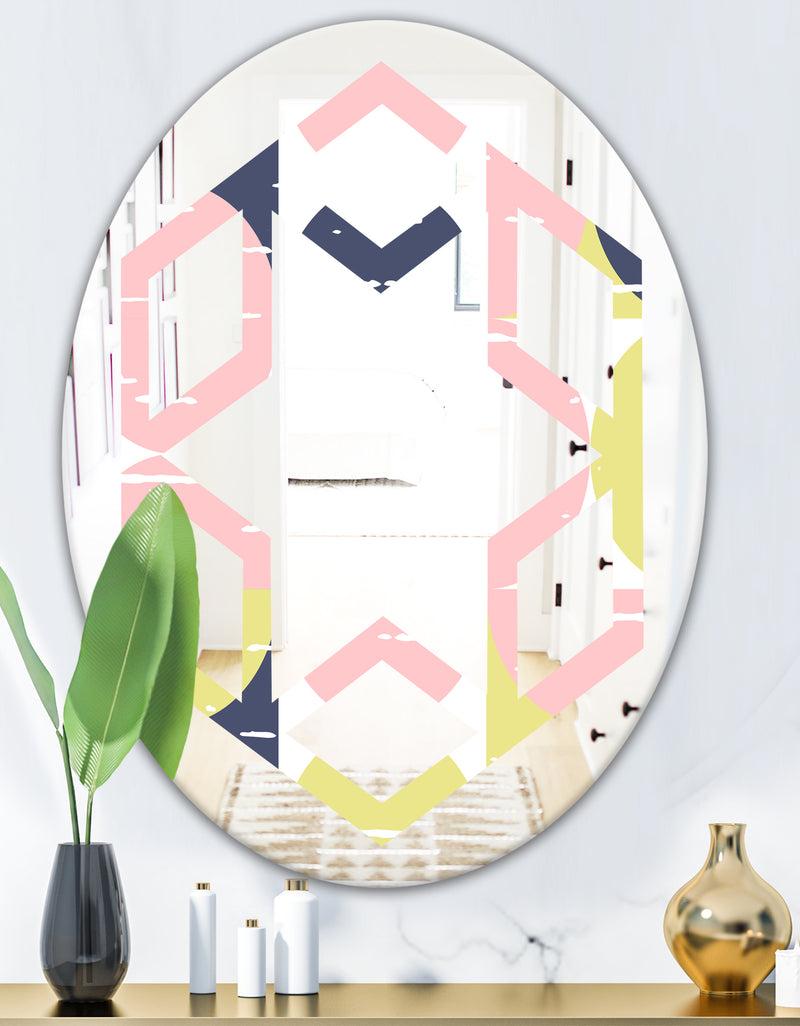 DesignQ Retro Pastel Circular Pattern I - Modern Round Or Oval Wall Mirror - Hexagon Star