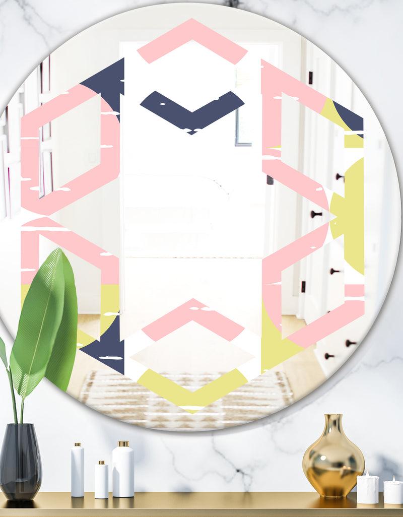 DesignQ Retro Pastel Circular Pattern I - Modern Round or Oval Wall Mirror - Hexagon Star