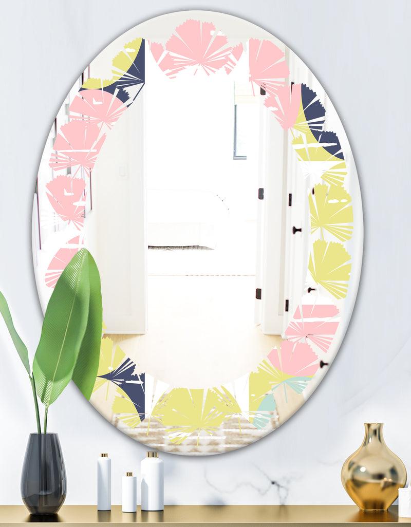DesignQ Retro Pastel Circular Pattern I - Modern Round Or Oval Wall Mirror - Leaves