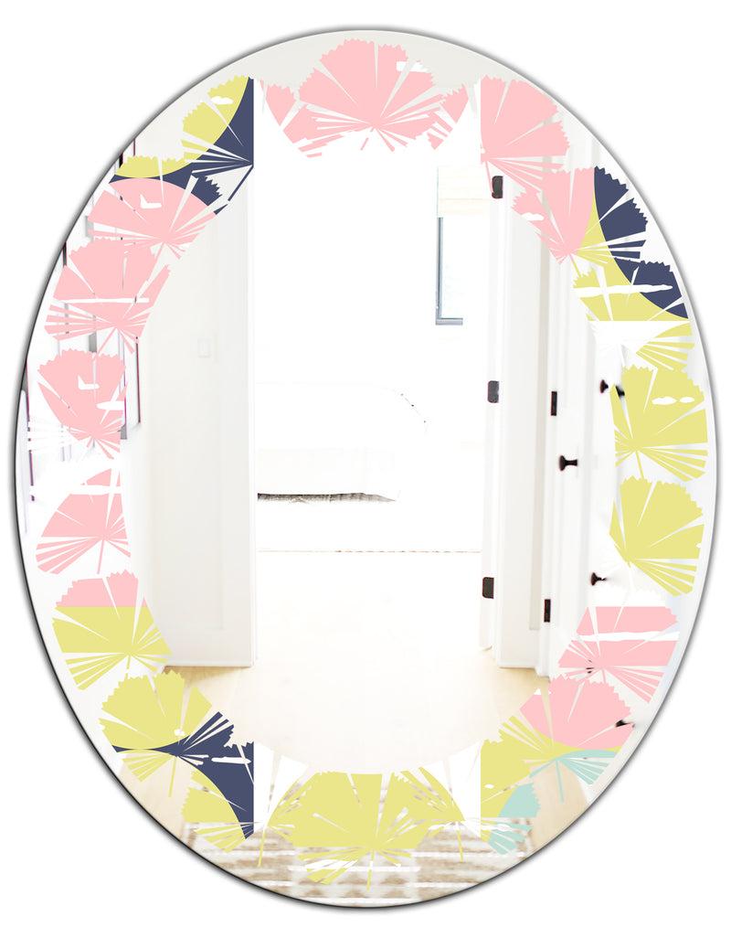 DesignQ Retro Pastel Circular Pattern I - Modern Round Or Oval Wall Mirror - Leaves