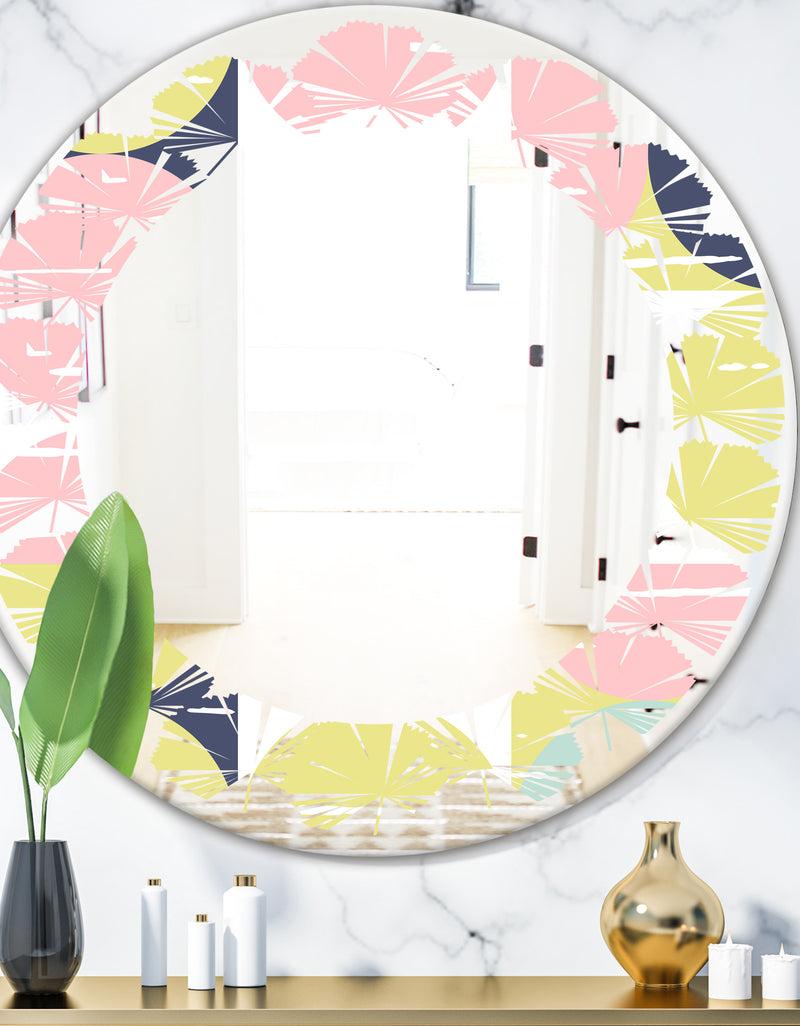 DesignQ Retro Pastel Circular Pattern I - Modern Round or Oval Wall Mirror - Leaves