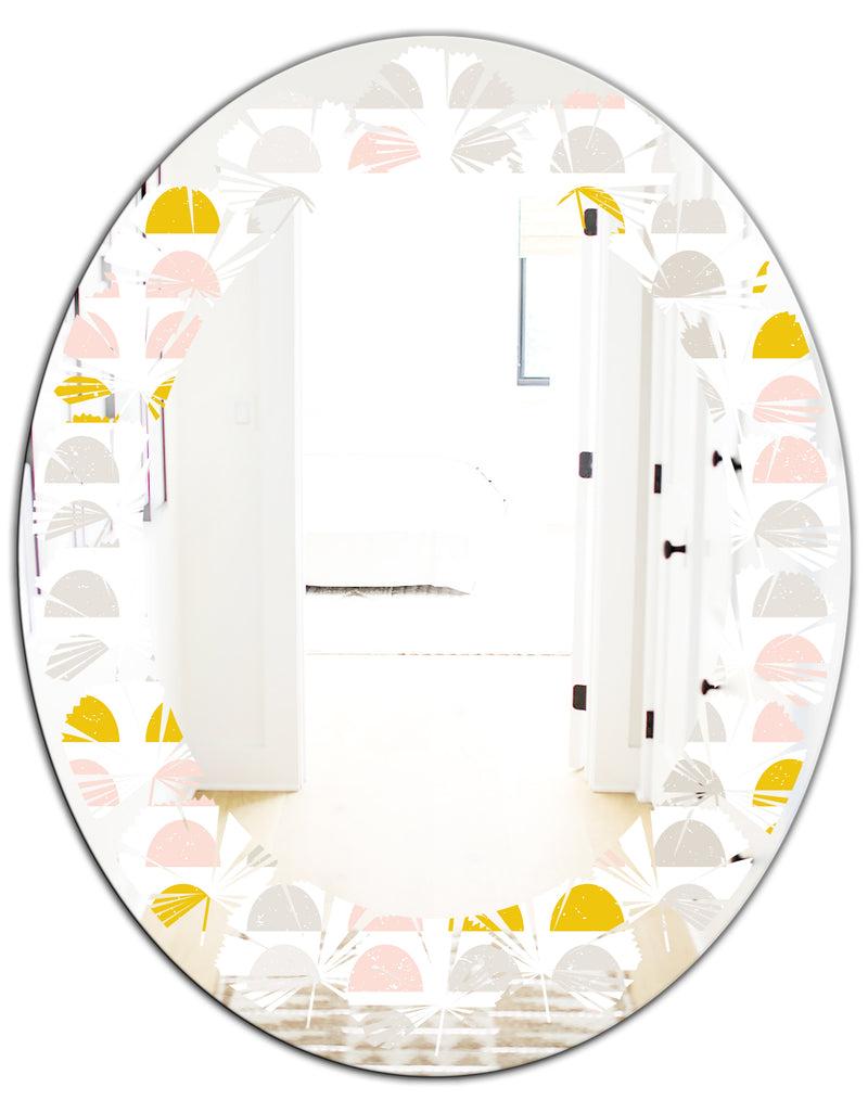 DesignQ Retro Pastel Circular Pattern III - Modern Round Or Oval Wall Mirror - Leaves