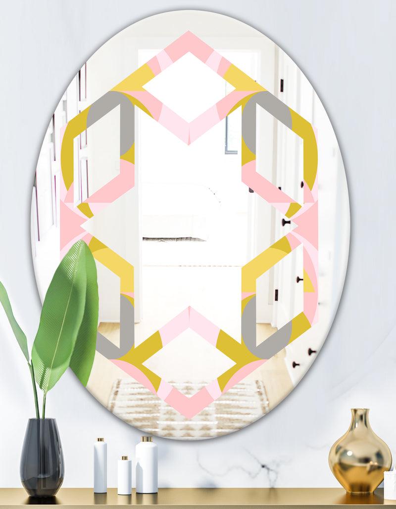 DesignQ Retro Pastel Circular Pattern IV - Modern Round Or Oval Wall Mirror - Hexagon Star