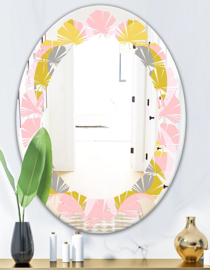DesignQ Retro Pastel Circular Pattern IV - Modern Round Or Oval Wall Mirror - Leaves