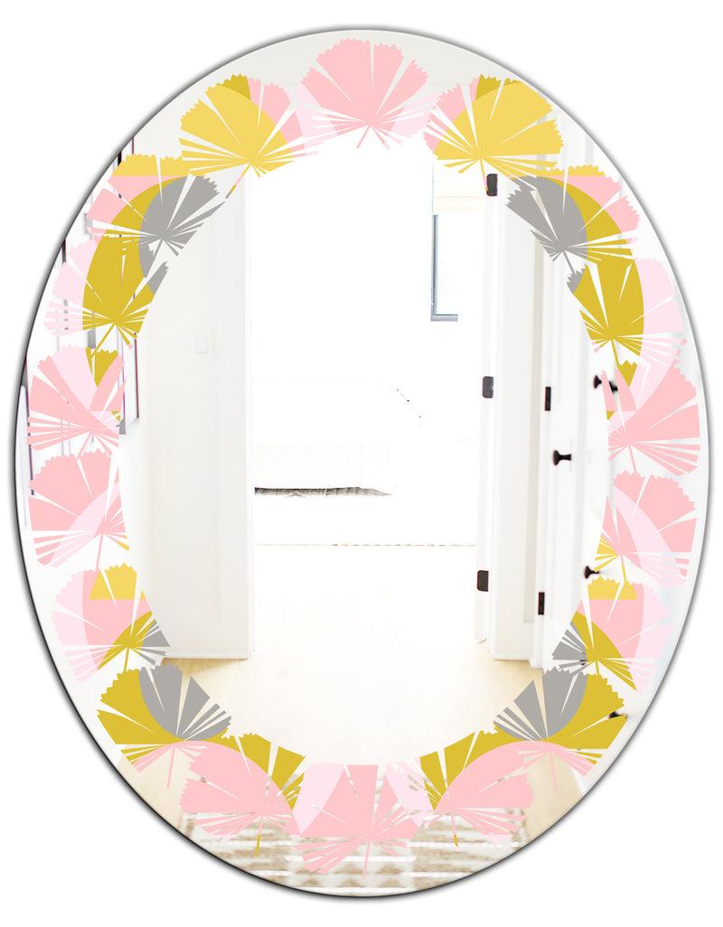 DesignQ Retro Pastel Circular Pattern IV - Modern Round Or Oval Wall Mirror - Leaves