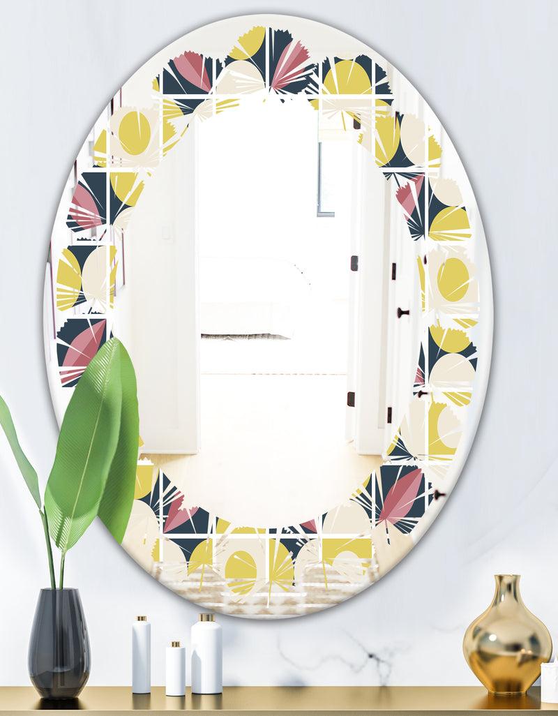 DesignQ Retro Pattern In Mosaic Style - Modern Round Or Oval Wall Mirror - Leaves