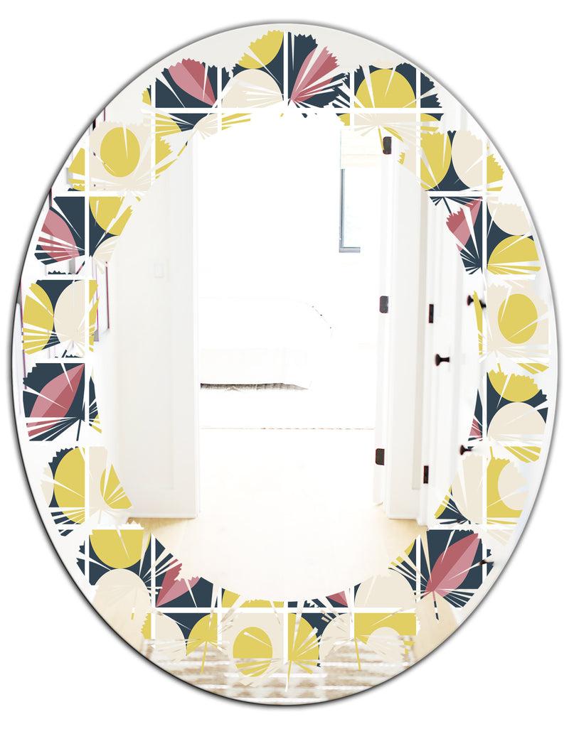DesignQ Retro Pattern In Mosaic Style - Modern Round Or Oval Wall Mirror - Leaves