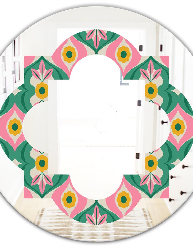 DesignQ Retro Pattern With Flowers And Leaves - Modern Round Or Oval Wall Mirror - Quatrefoil