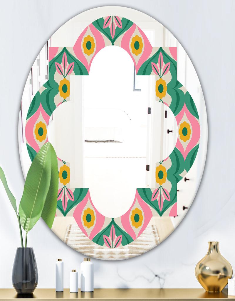DesignQ Retro Pattern With Flowers And Leaves - Modern Round Or Oval Wall Mirror - Quatrefoil