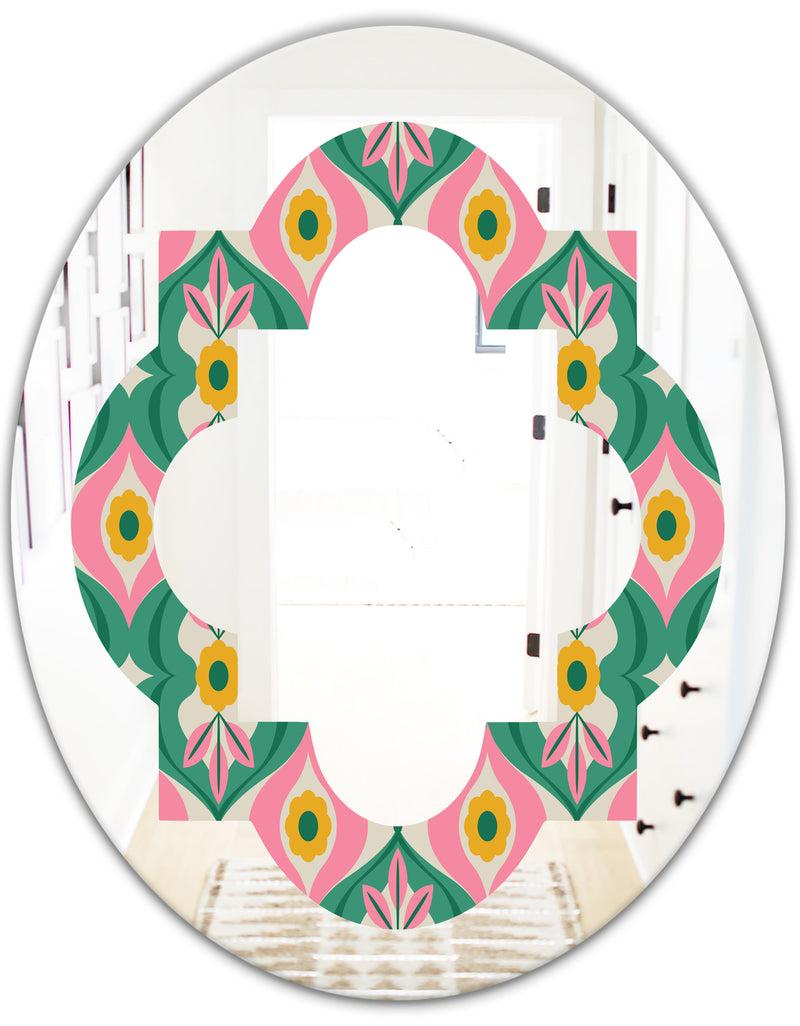 DesignQ Retro Pattern With Flowers And Leaves - Modern Round Or Oval Wall Mirror - Quatrefoil