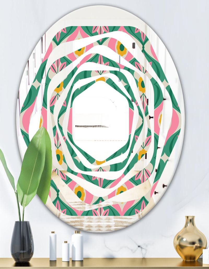 DesignQ Retro Pattern With Flowers And Leaves - Modern Round Or Oval Wall Mirror - Whirl