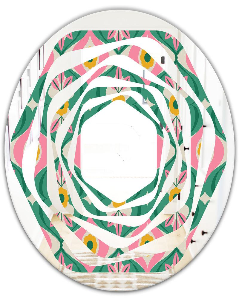 DesignQ Retro Pattern With Flowers And Leaves - Modern Round Or Oval Wall Mirror - Whirl