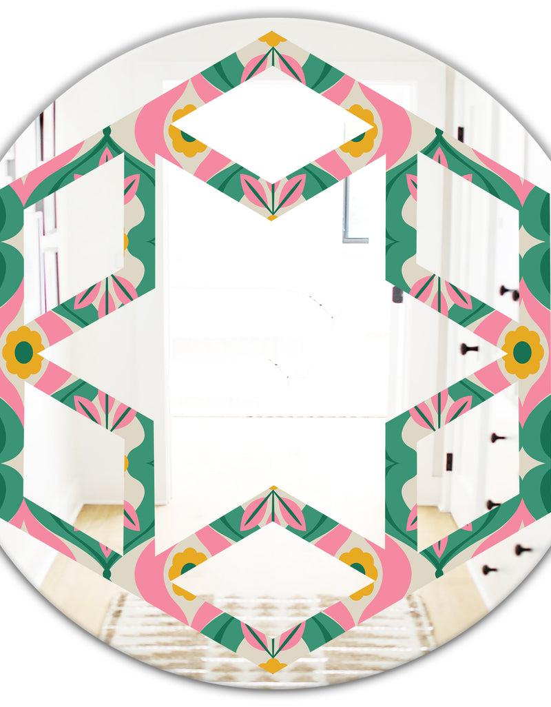 DesignQ Retro Pattern With Flowers And Leaves - Modern Round Or Oval Wall Mirror - Hexagon Star