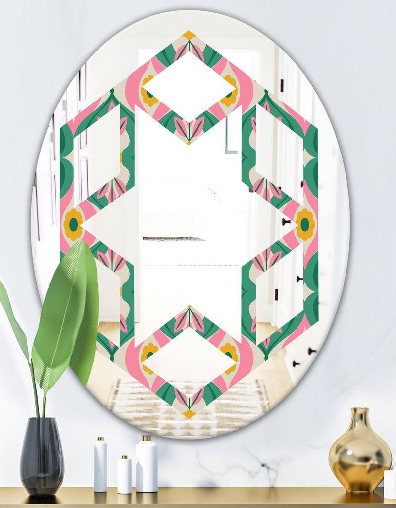 DesignQ Retro Pattern With Flowers And Leaves - Modern Round Or Oval Wall Mirror - Hexagon Star