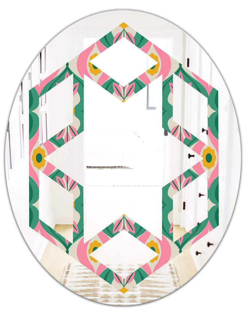 DesignQ Retro Pattern With Flowers And Leaves - Modern Round Or Oval Wall Mirror - Hexagon Star