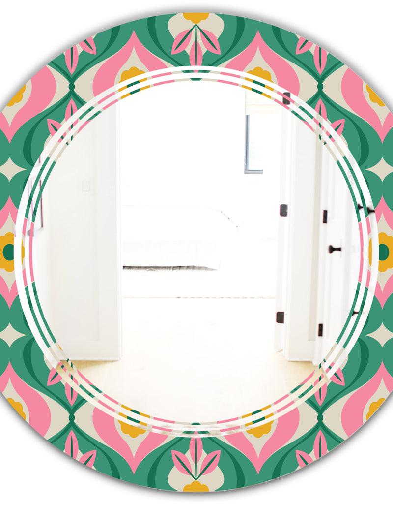 DesignQ Retro Pattern With Flowers And Leaves - Modern Round Or Oval Wall Mirror - Triple C