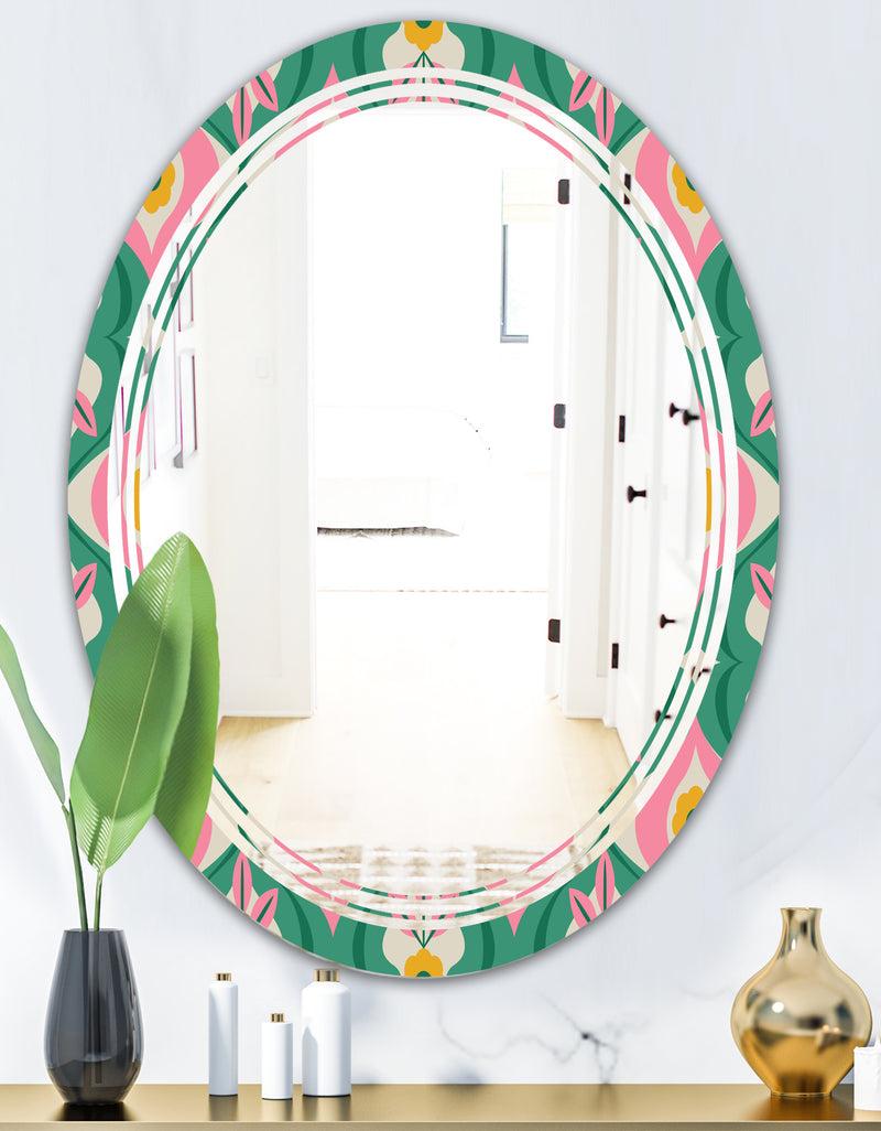 DesignQ Retro Pattern With Flowers And Leaves - Modern Round Or Oval Wall Mirror - Triple C