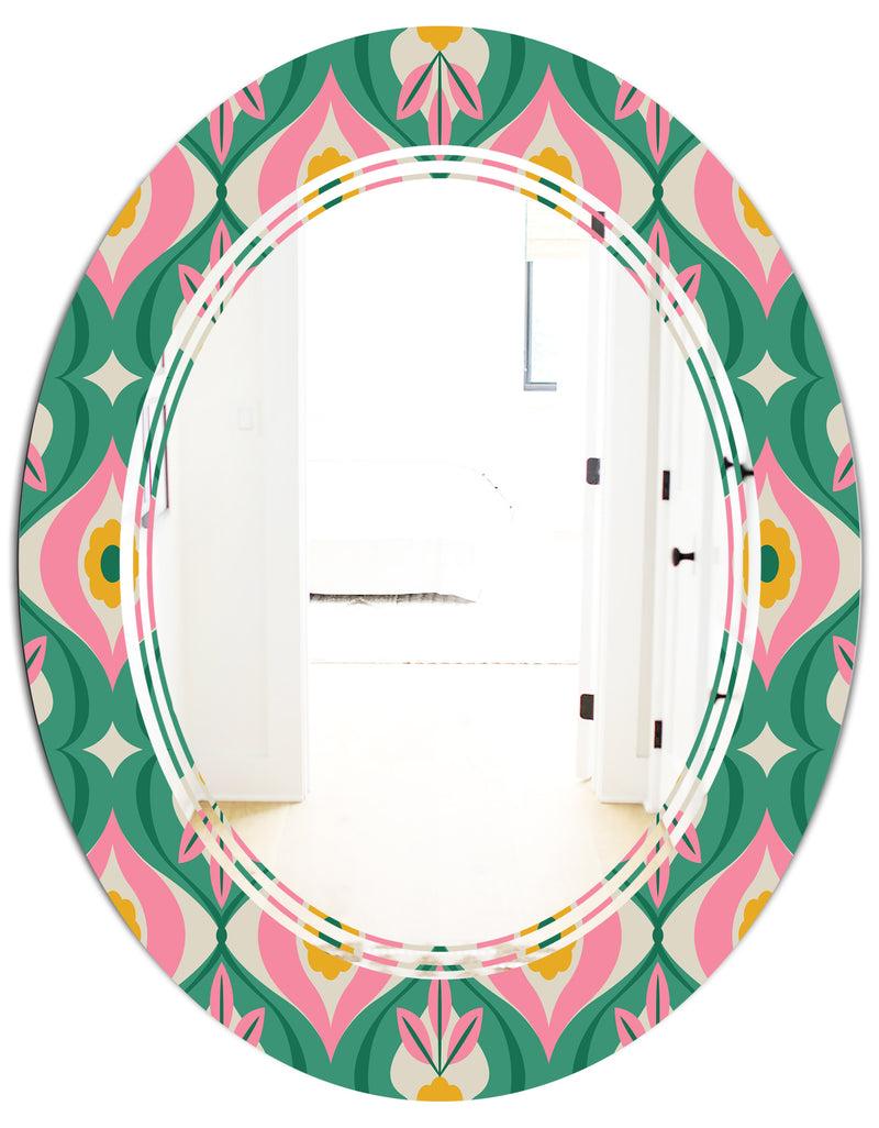 DesignQ Retro Pattern With Flowers And Leaves - Modern Round Or Oval Wall Mirror - Triple C
