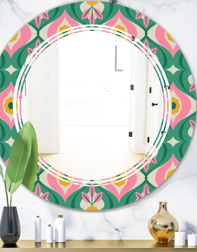 DesignQ retro pattern with flowers and leaves - Modern Round or Oval Wall Mirror - Triple C