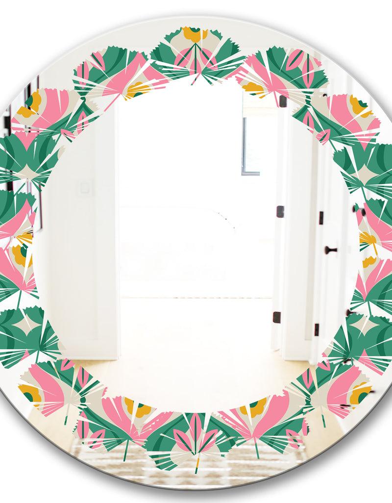 DesignQ Retro Pattern With Flowers And Leaves - Modern Round Or Oval Wall Mirror - Leaves