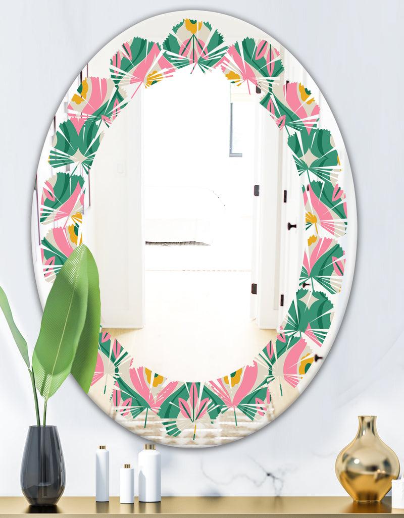 DesignQ Retro Pattern With Flowers And Leaves - Modern Round Or Oval Wall Mirror - Leaves